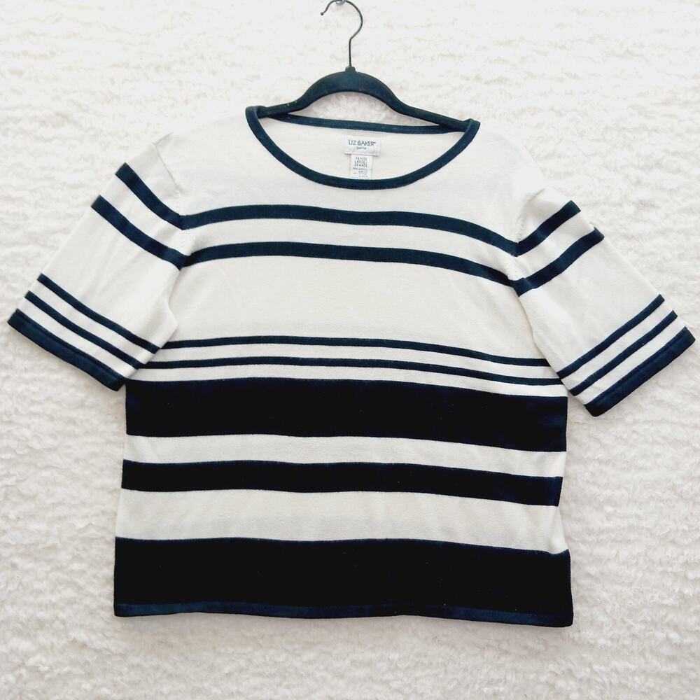 Sweater Sailor Chic Black Stripe Nautical Preppy Retro Coastal Grandma Size LP